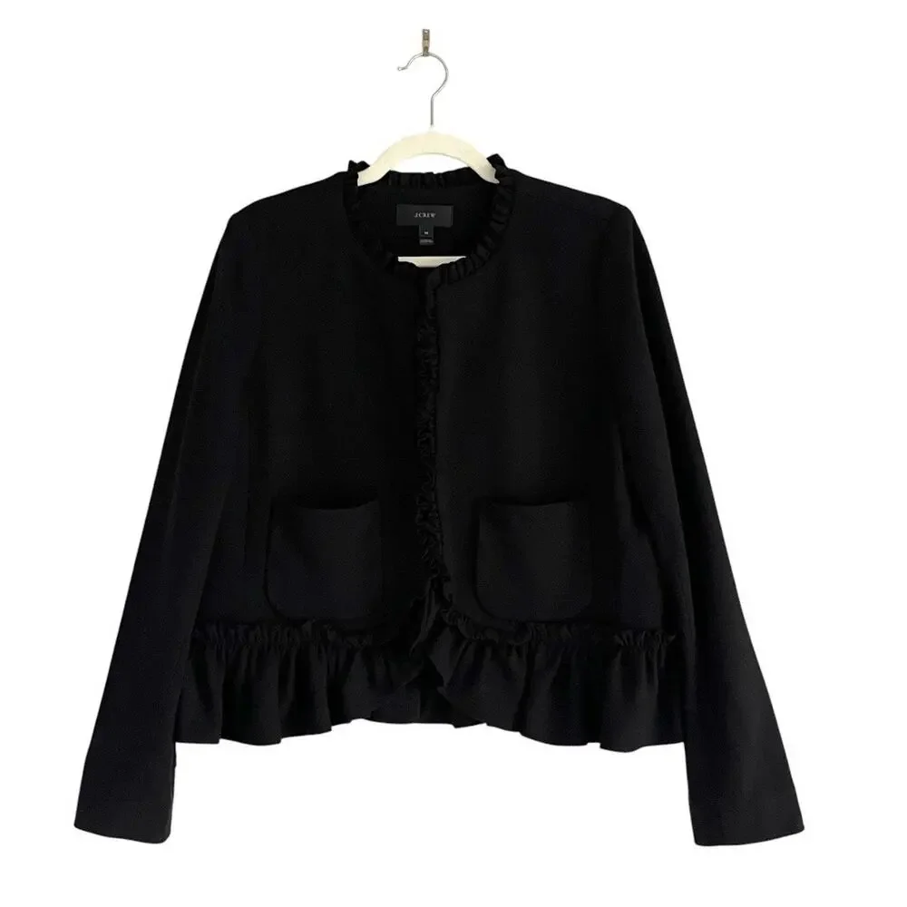 J.Crew Black Going Out Blazer with Ruffles Size 14 Cropped Preppy Chic Jacket